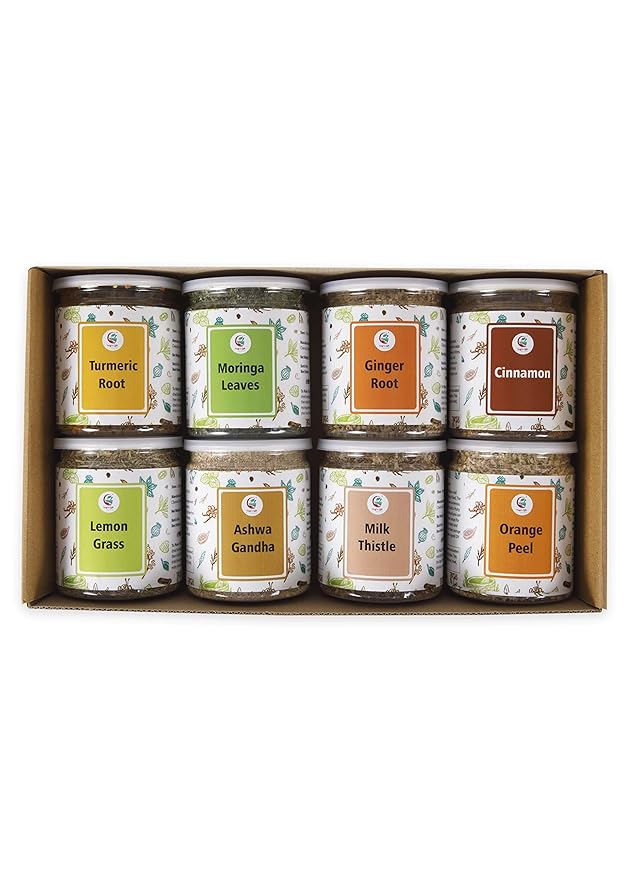 Loose Leaf Herbal Tea Set – 8 Premium Herbs - Up to 450 Cups - Ginger Turmeric Lemongrass Moringa Cinnamon Orange Peel Milk Thistle Ashwagandha | Wellness Gift by Yogi's Gift®