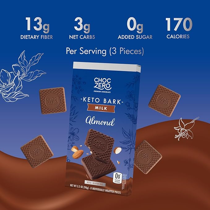 ChocZero Milk Chocolate Almond Bark No Added Sugar Low Carb High Fiber Keto Friendly No Sugar Alcohols (4 Count 3.2oz Boxes)