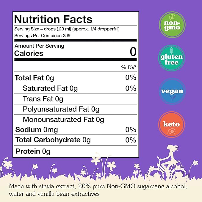 NuNaturals Liquid Vanilla Stevia Sugar-Free Sweetener Plant-Based Sugar Substitute Zero Calorie 2oz (2-Pack)