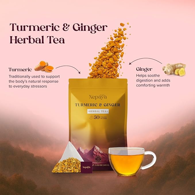 Turmeric Ginger Herbal Tea Bag 50 Count Pyramid Tea Bags From the Himalayas Caffeine Free Gluten Free warm and spicy Taste biodegradable Tea Bags