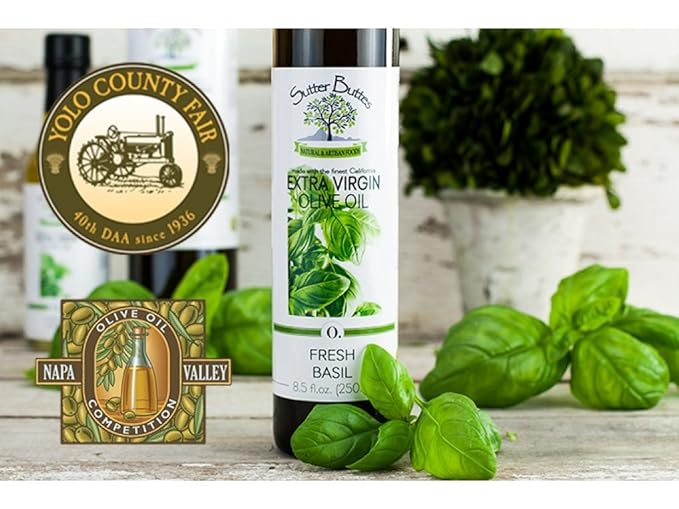 Sutter Buttes Extra Virgin Olive Oil – Fresh Basil Infused (250 ml bottle) Handcrafted Artisan Gourmet EVOO Cold Pressed and Flavored with Premium Fresh Basil Herbs Unfiltered Unrefined Olive Oil