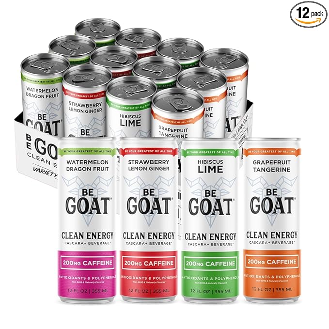 BeGOAT Clean Energy | OG Variety Pack | 6 Ingredients Plant-Based Non-GMO Vegan | 200mg Natural Caffeine | 12 fl oz Cans (Pack of 12)