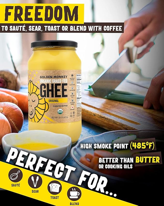 GOLDEN MONKEY Organic Ghee Butter – Grass Fed Clarified Butter for Cooking Baking Keto &amp Gut Health – Ghee Butter Organic Grass Fed from Small Farms – Smooth Spread with High Smoke Point (32oz)