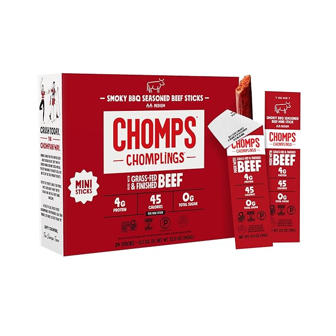 Chomps Snack Size Grass-Fed and Finished Smoky BBQ Beef Jerky Snack Sticks 0.5oz 24-Pack - Keto Paleo Whole30 4g Lean Meat Protein Gluten-Free Zero Sugar Food Non-GMO Chomplings