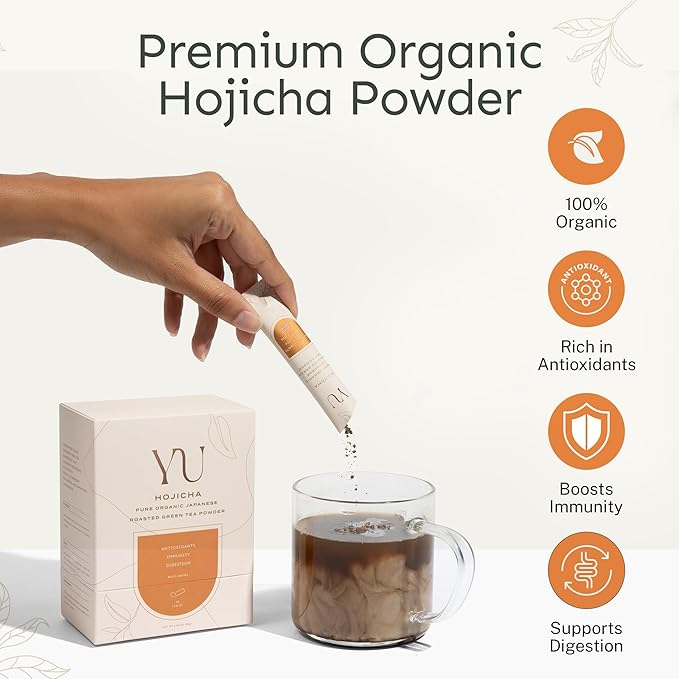 Yu Tea Organic Hojicha Green Tea Powder 30 Instant Packets | Rich in Antioxidants &amp EGCG | Pure Japanese Roasted Green Tea | Low Caffeine &amp Unsweetened Matcha Alternative | Single Serve Stick