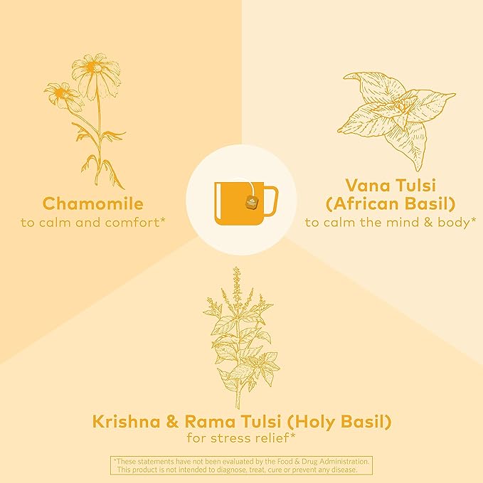 Organic India Tulsi Honey Chamomile Tea Bags - Herbal Tea for Stress Relieving &amp Calming Immune Support Adaptogen Gluten-Free USDA Certified Organic Caffeine-Free - 18 Infusion Bags 6 Pack