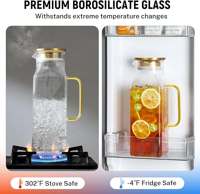 2 Pack 2 Liters/68 oz Square Glass Pitcher with Lid and Handle for Fridge Iced Tea and Coffee Carafe Beverage Serveware Heat Resistant Borosilicate Water Gold Jug for Hot/Cold Drinks and Milk