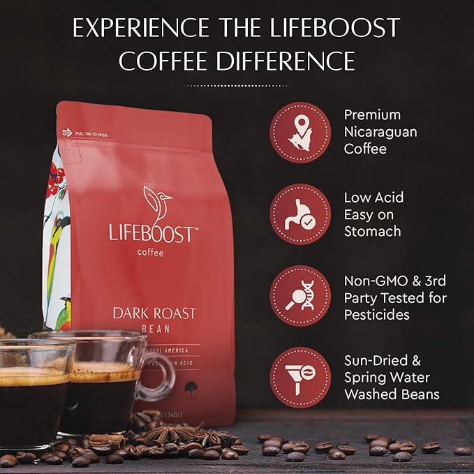 Lifeboost Dark Roast Whole Bean Coffee - Low Acid Organic Coffee Non-GMO USDA Organic Single Origin Third-Party Tested for Mycotoxins &amp Pesticides - 12 oz Pack of 3