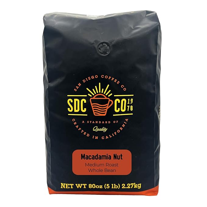 San Diego Coffee Macadamia Nut Medium Roast Whole Bean Coffee 5-Pound Bag Café en grano tostado