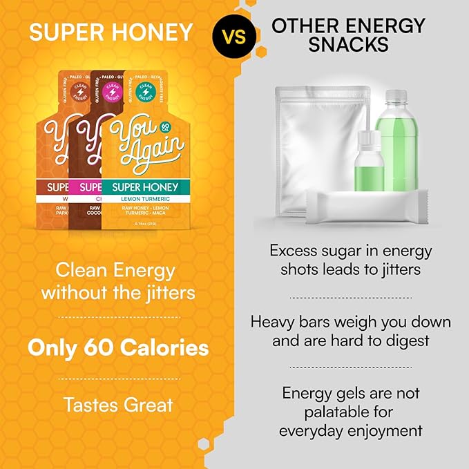 You Again Super Honey Packets - Variety | Workout Clean Energy Gel | Cycling Endurance Running Gel or Energy Snack | Paleo &amp Carnivore Snack | Gluten-Free | Made in USA | 12 Pack