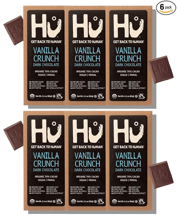 Hu Chocolate Bars | 6 Pack Vanilla Crunch Chocolate | Natural Organic Vegan Gluten Free Paleo Non GMO Fair Trade Dark Chocolate | 2.1oz Each