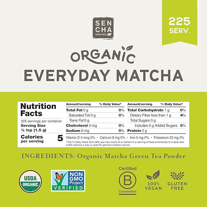 Sencha Eveyrday Natural USDA Organic Matcha Green Tea Powder Rich Antioxidant Revitalizing Body Helathy Gluten Free Product 100% Vegan Diet - 12oz (Pack of 1)