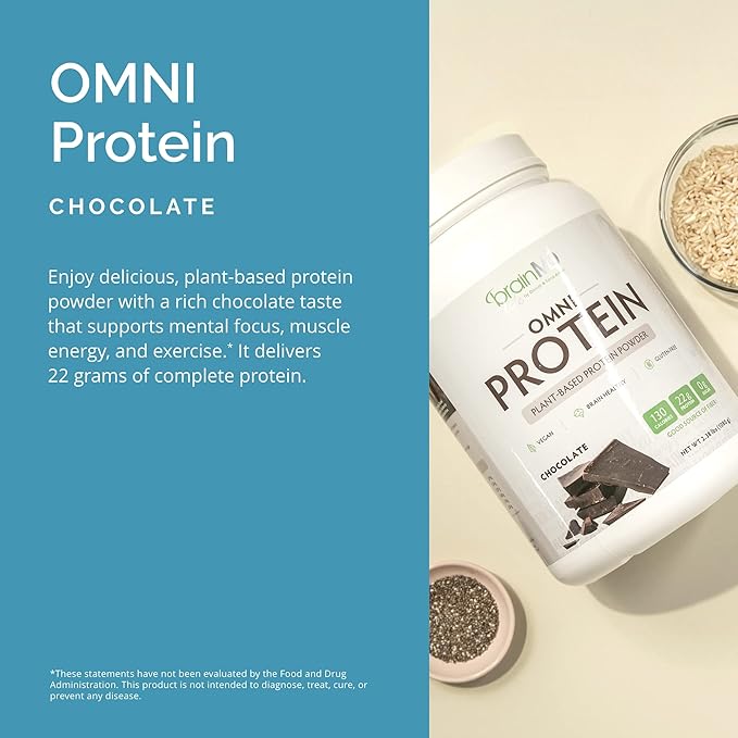 BRAINMD Dr Amen Omni Protein Chocolate - 2.38 lbs - Plant-Based Protein Powder - Promotes Energy &amp Exercise Recovery - Vegan Vegetarian Sugar Free Gluten Free - 30 Servings