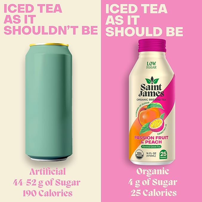 Saint James Iced Tea - Organic Green Tea - Non GMO Gluten Free Low Calorie &amp Low Sugar - Passion Fruit &amp Peach 12 Pack (16 fl oz each)