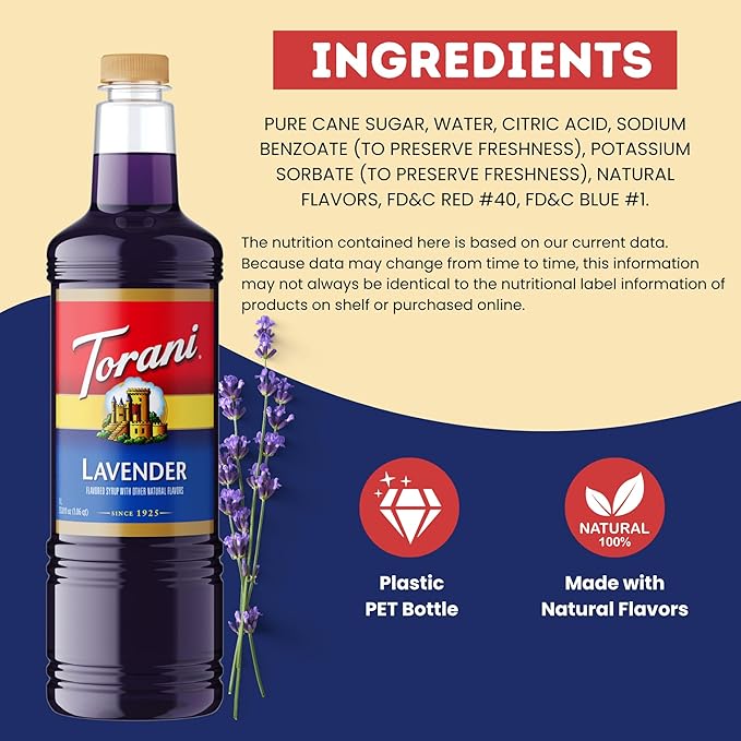 Torani Lavender Syrup 1 Liter Bottle with Pump – Premium Floral Flavoring with Pure Cane Sugar &amp Natural Ingredients for Coffee Lattes Cocktails Lemonade Desserts &amp More