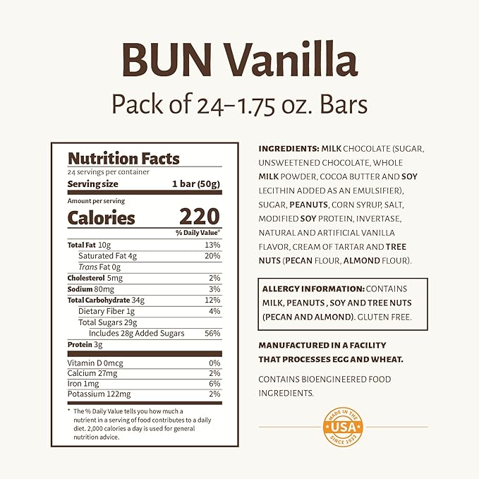 Pearson's Vanilla BUN Cluster Bar | Roasted Peanuts Real Milk Chocolate and Vanilla Nougat | Pack of 24 | Individually Wrapped
