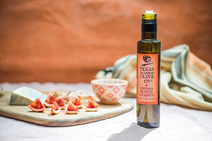 Texas Hill Country Olive Co Blood Orange Infused Olive Oil - Cold Pressed Gourmet EVOO Olive Oil - Great for Dressing Dipping Marinade - No Artificial Flavors or Added Sugar - Made in Texas (8.5 oz)