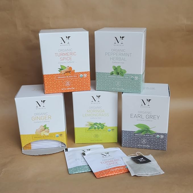 Mementa Inc Organic Herbal Peppermint Tea Bags - Caffeine Free Herbal Tea 20-Count (Pack of 6) - Refreshing and Soothing Mint Flavor USDA Certified Organic Perfect for Relaxation