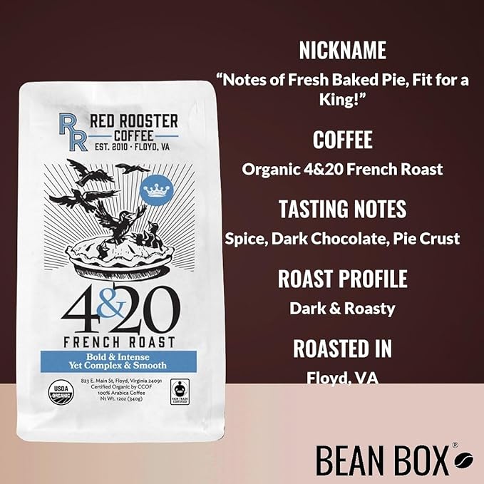 Organic 4&amp20 French Roast - Roasted by Red Rooster Coffee - Freshly Ground Coffee - 12 Ounce Bag