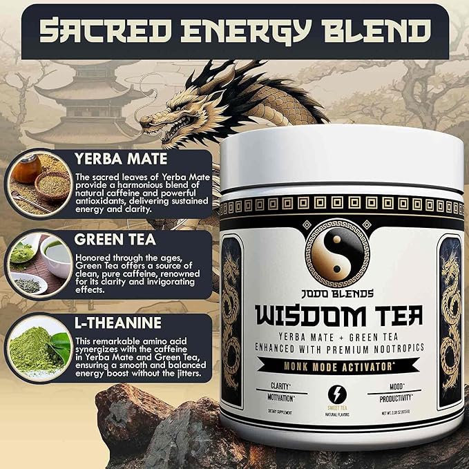 Yerba Mate Focus Tea Powder for Men - Daily Nootropic Drink for Clean Energy Focus &amp Mood Support | Powered by Citicoline L-Theanine L-Tyrosine &amp Lion’s Mane | Wisdom Tea - Sweet Tea - 30 S