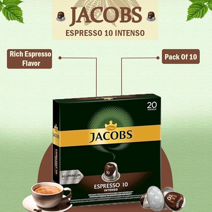 Jacobs Espresso 10 Intense 10x20 CAPSULES Coffee Capsules Compatible with (052 USD/1 CAP)
