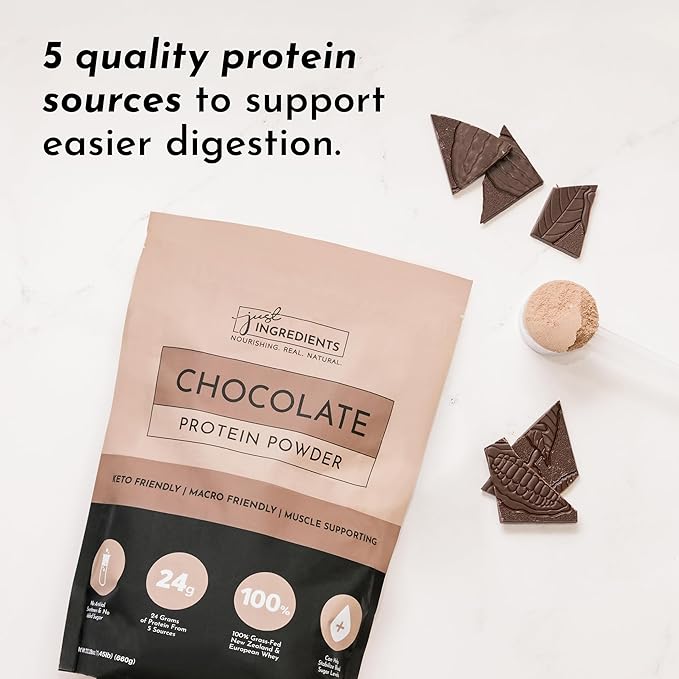 JUST INGREDIENTS Chocolate Protein Powder – 20-Serving Blend with 100% Grass-Fed Whey &amp Organic Plant Proteins – Rich Cocoa Flavor – Supports Muscle Recovery Energy*