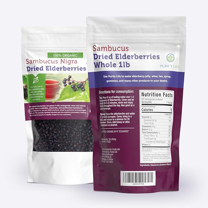 Certified USDA - 100% Organic Dried Elderberries - 1lb Bulk - Non-Irradiated Non-Gmo Whole Black Elderberry Immune Support For Making Elder Syrup Gummies Tea - Raw Vegan Sambucus 1 Pound