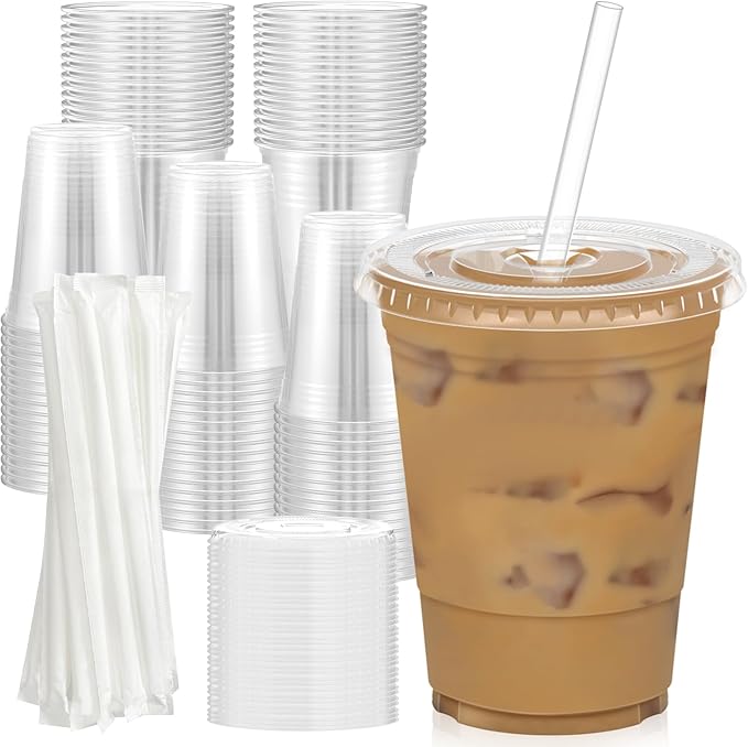 100 Pack - 16 oz Clear Plastic Cups with Lids and Straws Sturdy &amp Food Safe Iced Coffee Cups with lids Disposable Plastic Smoothie Cups for Cold Drinks