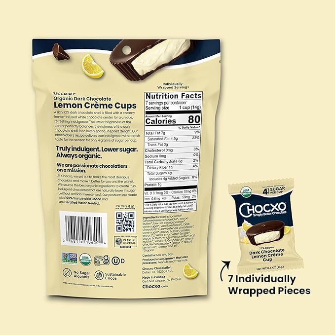 Chocxo Dark Chocolate Lemon Crème Cups - Lower Sugar Organic 72% Cacao NonGMO Keto Gluten Free Kosher No Artificial Sweeteners/Sugar Alcohols 3.45 oz (Pack of 6)