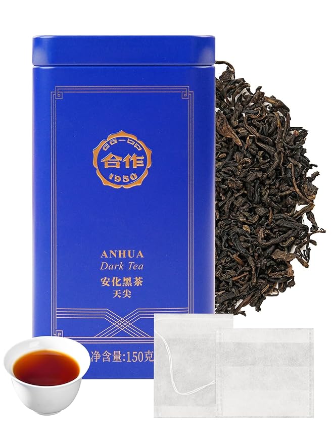 CO-OP 1950 Anhua Tianjian Dark Tea Loose Leaf 150g Traditional Aged Chinese Hei Cha from Hunan with Smoky Aroma Smooth Earthy &amp Mellow Post-Fermented Tea No Additives 20 DIY Empty Teabags