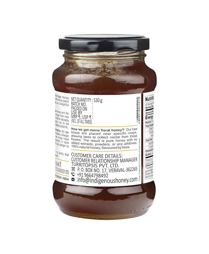 INDIGENOUS HONEY Fennel Saunf Honey Raw Organic Natural Pure Unprocessed NMR Tested Unpasteurized Unheated 530g Glass Jar Pack of 1