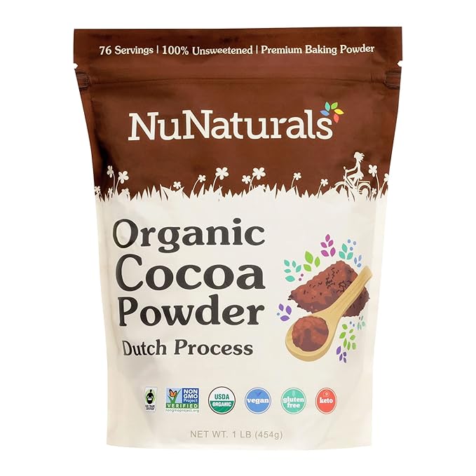NuNaturals Unsweetened Organic Fairtrade Certified Cocoa Powder Premium Dutch-Process For Drinking and Baking 1 lb
