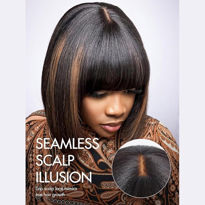 Bob Wig with Bangs Human Hair Glueless HD Lace Straight Short Bob Wig with Brown Highlights Ready to Go Short Wigs For Women （10 Inch bob wig）
