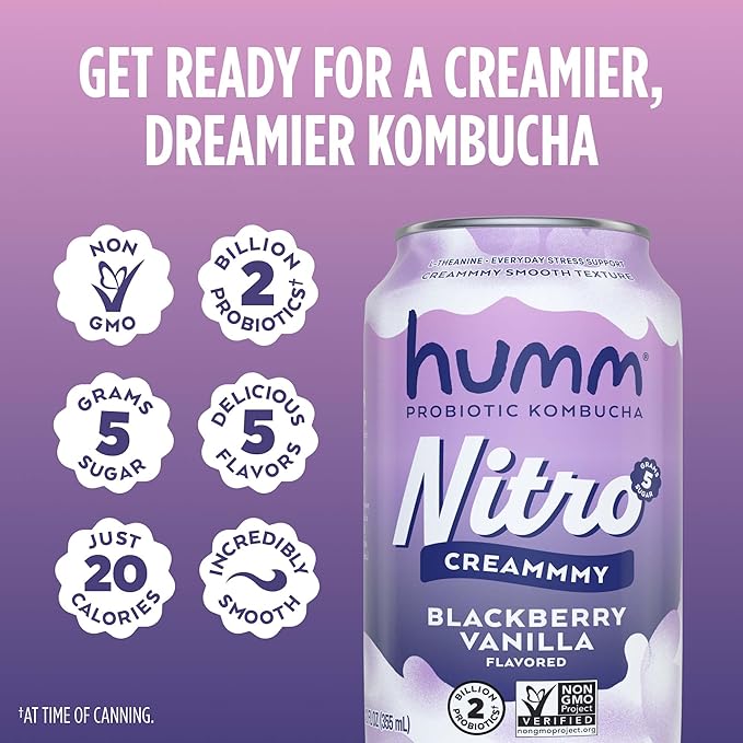 Humm Nitro Kombucha Blackberry Vanilla Creamy Smooth Probiotic Drink with L-Theanine Non-GMO Vegan Gluten Free 12 fl oz (Pack of 12)