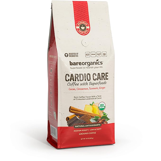 Cardio Care Organic Ground Bagged Coffee – Probiotic Coffee with Cacao Ginger Turmeric &amp Cinnamon – Healthy Superfood Mold Free Vegan Gluten Free - 10 oz (Pack of 2)