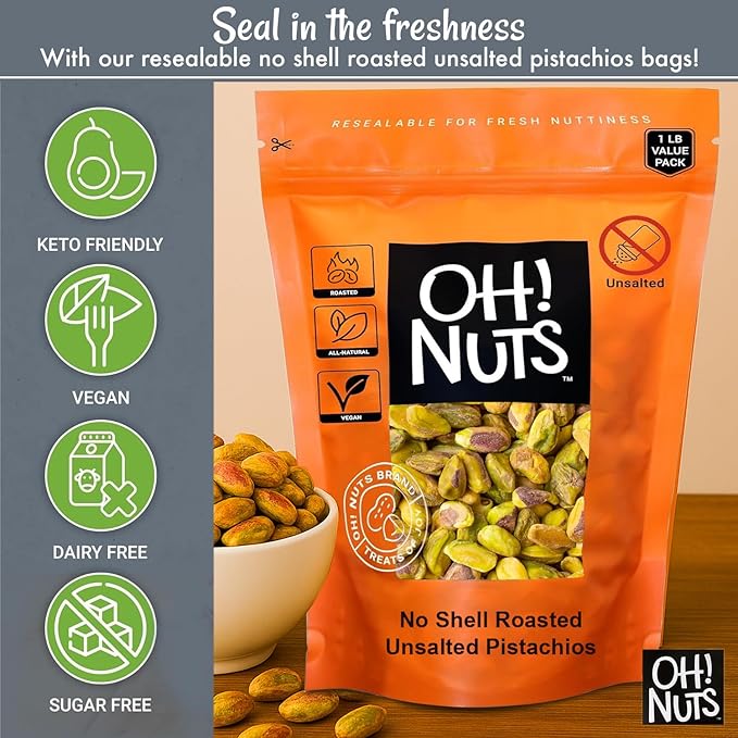 Oh! Nuts Pistachios No Shell - Roasted Unsalted - 1 lb - Shelled California Pistachios - Packed in New York Zip-Seal Bag for Exceptional Freshness