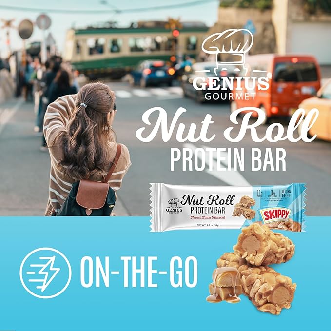 Genius Gourmet SKIPPY Peanut Butter Flavor Inspired Protein Nut Roll Bar11g Protein per serving(18% DV) 0g Added Sugar Carb Conscious Snack Bar Gluten Free – 10 Count