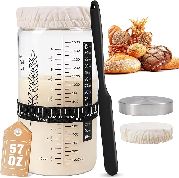 57oz Sourdough Starter Jar Kit Extra Large Capacity Sourdough Jar Wide Mouth Sourdough Bread Starter Kit for Perfect Sour Dough Bread Aluminum Lid for 2 Storage Options Glass Jar for Baker (Black)