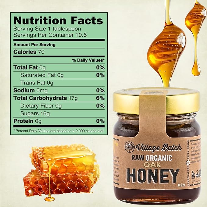 Village Batch Raw Organic Oak Honey 8.5oz Jar (Pack of 1) from Foloi Oak Forest Dark Amber Rich Caramel and Toffee Notes Unfiltered and Unpasteurized Greek-Honey