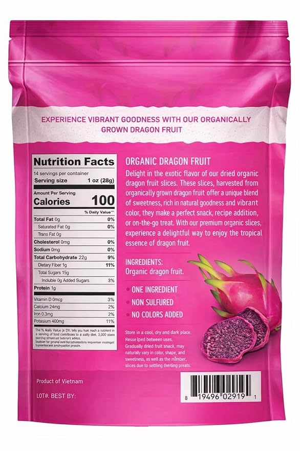 Organic Dried Dragon Fruit Slices – Soft &amp Chewy Single Ingredient No Sugar Added Non-Sulfured Vegan &amp Gluten Free Snack 14 oz Resealable Bag