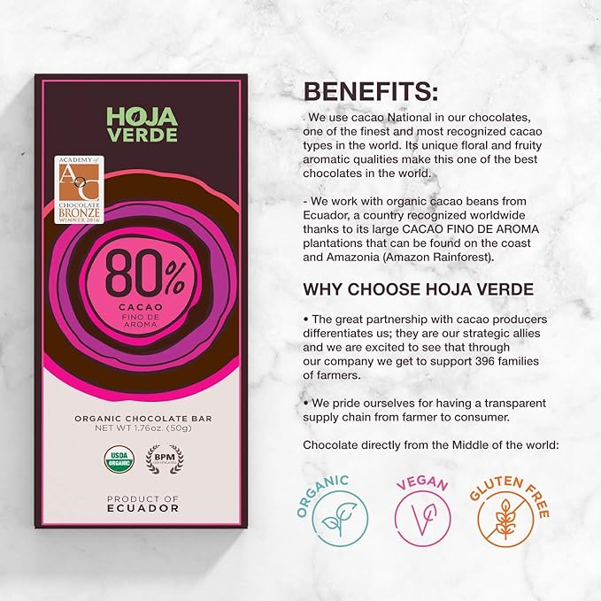 Hoja Verde Organic Dark Chocolate 80% Dark Chocolate I Vegan Gluten Free Soy Free Non GMO Paleo