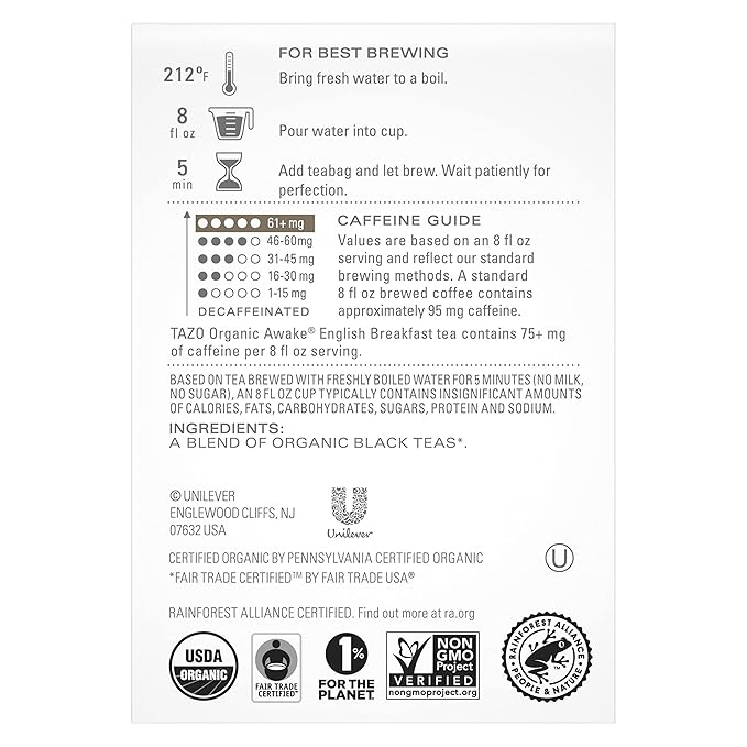 TAZO Organic Awake English Breakfast Black Tea-Bags Bold Traditional Breakfast-Style Black Tea 144 Total Tea Bags (Pack of 2)