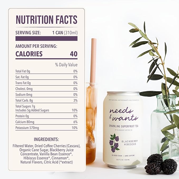 Needs &amp Wants Sparkling Tea - Blackberry Hibiscus 10.5oz Cans (12 Pack) | Organic Superfruit Tea with Cascara Blackberry Juice &amp Hibiscus Lightly Sweet with Notes of Vanilla &amp Cinnamon