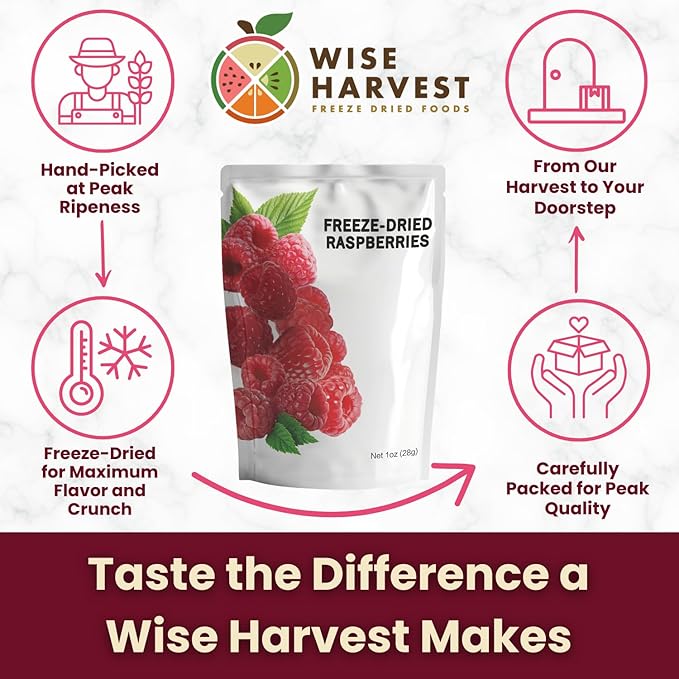Wise Harvest Freeze-Dried Raspberries – Five 1oz Packs | Single Ingredient Snack | 100% Real Fruit No Sugar Added Just Crunch | Healthy Vegan Gluten-Free Snack for Kids &amp Adults
