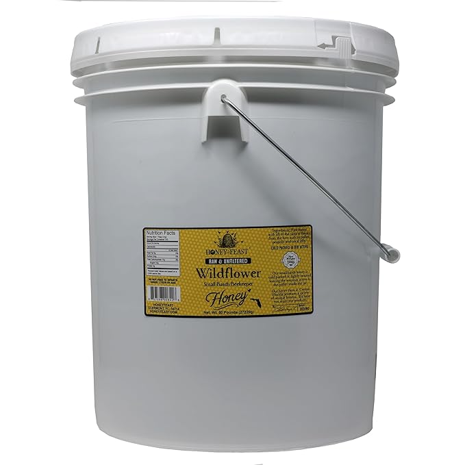 HONEY FEAST Wildflower Honey - 5 Gallon (60 pounds) Bulk Size All Natural Unfiltered Unheated Perfect for Sweetening &amp Baking