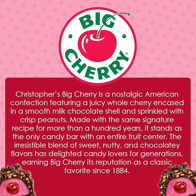 Big Cherry Candy Bars Pack of 24 - Whole Real Cherry Coated with Chocolate and Topped with Chopped Roasted Peanuts - Individually Wrapped Nostalgic/Retro Candy - Kosher Certified Delicious Candies
