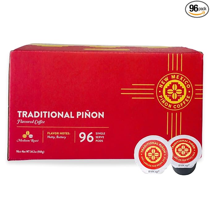 New Mexico Piñon Naturally Flavored Coffee K Cups Traditional Piñon Capsules - Nutty &amp Smooth Medium Roast 100% Arabica Single Serve Recyclable Compatible with Keurig Coffee Pods - 96 Count