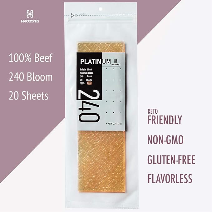 Haodong Beef Platinum Leaf Gelatin Sheets - 240 Bloom (20 Sheets 40g) - Gelatin Leaves for Baking and Cooking Mirror Glaze Dessert Jellies Mousse Cake