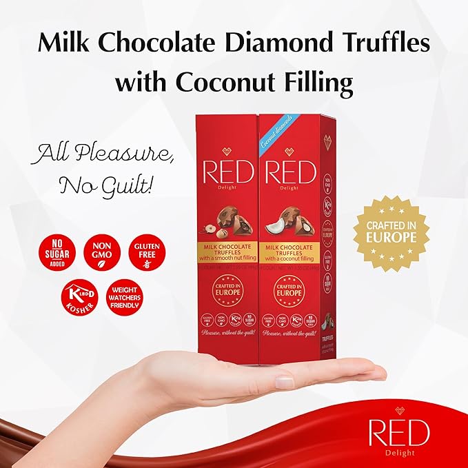 Red Delight Milk Chocolate Diamond Truffles Variety Pack - 1.55 oz Pack of 10 - Assorted Truffles with Coconut and Nut Fillings - European-Made No Added Sugar - Gluten-Free Kosher