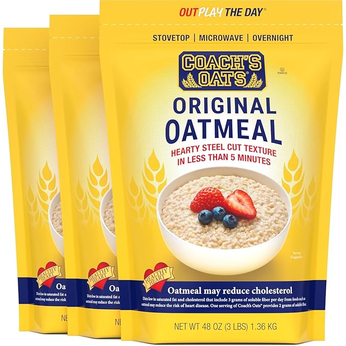 COACH'S OATS Whole Grain Oatmeal (48 oz) Pack of 3 | Cracked n’ Toasted | Quick-Cooking Steel Cut Texture | Heart-Healthy Delicious Breakfast | Microwavable Stovetop Overnight Oatmeal